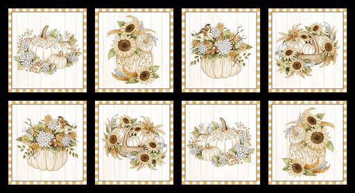 Autumn Elegance - Harvest Blessings block - PANEL - by Kitten Studio for Henry Glass - 732M-04 - White Pumpkins and sunflowers