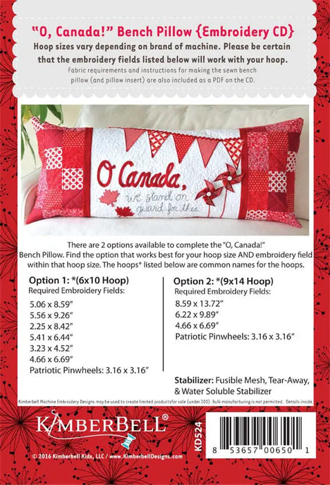 "O, Canada!" Bench Pillow - by Kimberbell Designs - KD524 - Machine Embroidery