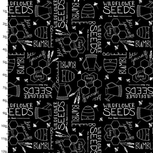 New! Feed The Bees - Per Yard - by Deane Beesley - 3 Wishes - Bumble Seeds - White on Black - Blender - RebsFabStash