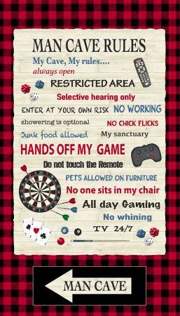 New! Man Cave Rules PANEL - Per Panel - by Rosemarie Lavin for Windham - Sign, Text, Rules, Games - 24" x 42" Panel - White 52410P-X - RebsFabStash
