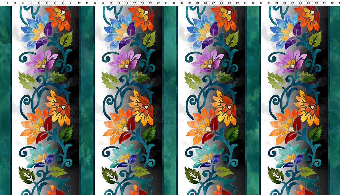 Prism Fabric Collection - Jason Yenter - In The Beginning Fabrics - 1JYQ-1 - By The Yard - Teal floral border print