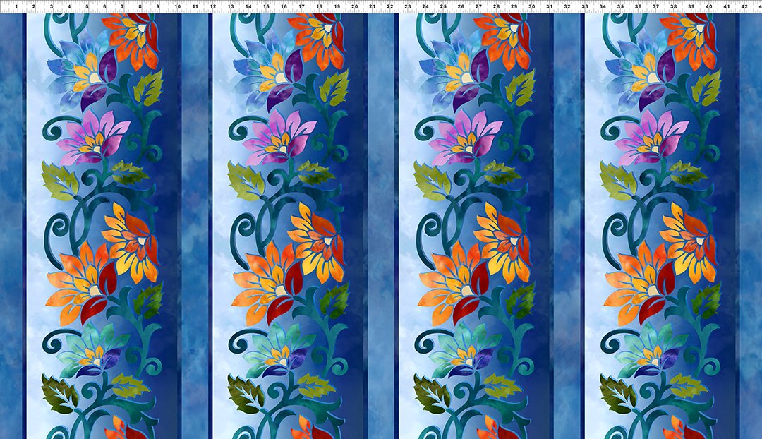 Prism Fabric Collection - Jason Yenter - In The Beginning Fabrics - 1JYQ-2 - By The Yard - Blue floral border print
