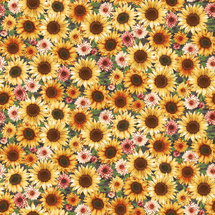 Fall Into Autumn - by the yard - by Art Loft for Studio E - 7256-44 Fall - Packed Sunflowers on Charcoal Wood Grain