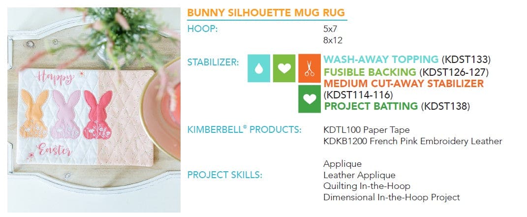 March 2023 - Bunny Silhouette Mug Rug - Kimberbell Digital Dealer Exclusive - Project for Machine Embroidery
