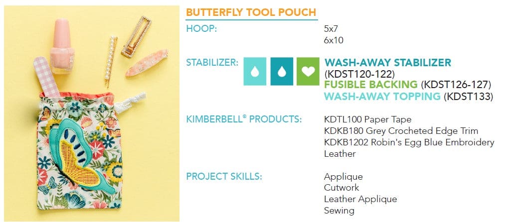 May 2023 - Butterfly Tool Pouch - Kimberbell Digital Dealer Exclusive - Project for Machine Embroidery