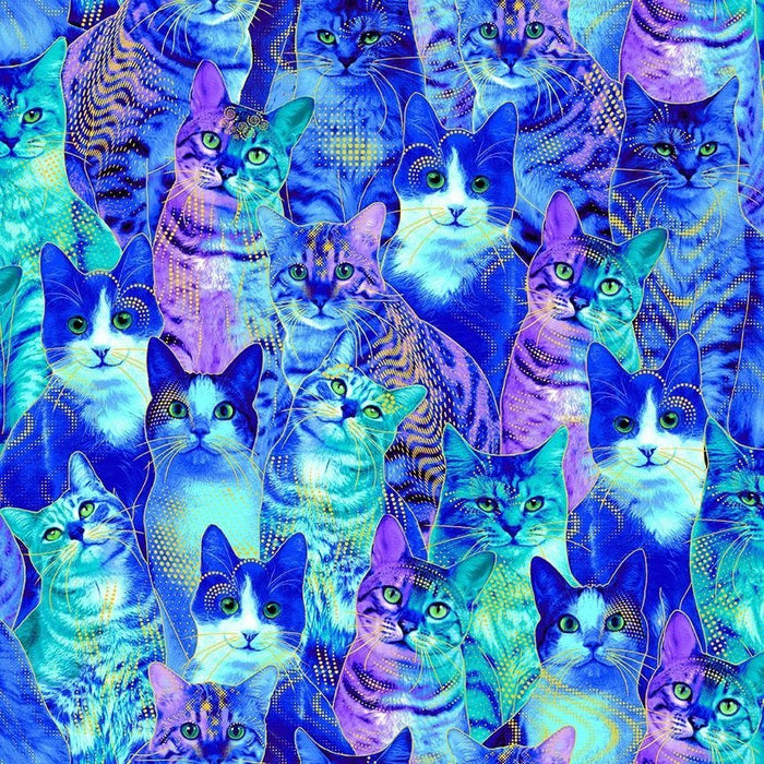 Bijoux - Packed Metallic Royal Cats - Blue - Per Yard - by Timeless Treasures - CAT-CM2241