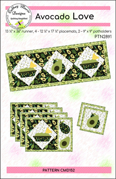 New! Avocado Love - Runner, Placemats and Potholders PATTERN - Uses Avocado Love by Northcott - Pattern by Cathey Marie Designs - runner finished size 13 1/4" X 36"