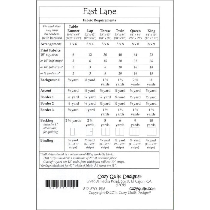 Fast Lane - Table Runner, Lap, Throw, Twin, Queen, King Quilt Pattern - Cozy Quilt Designs - designed by Daniela Stout - CQD01110