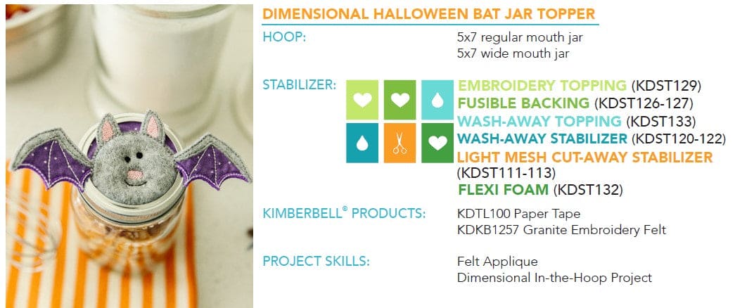 October 2023 - Dimensional Halloween Bat Jar Topper - Kimberbell Digital Dealer Exclusive - Project for Machine Embroidery