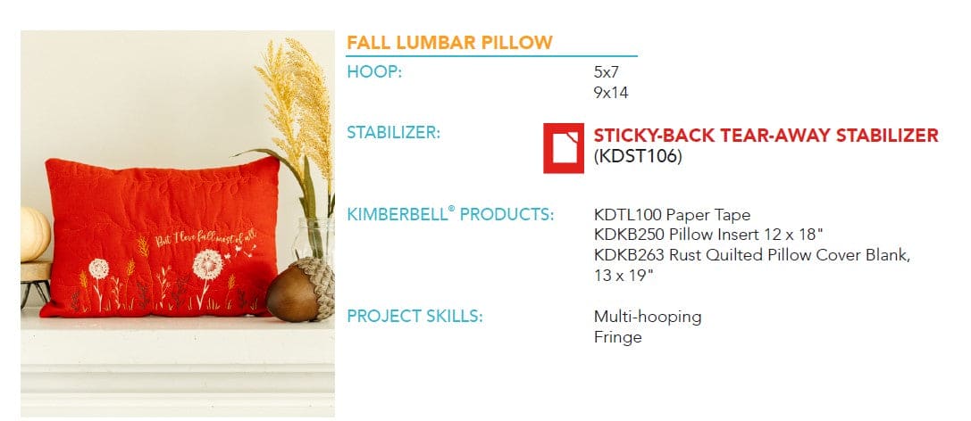 September 2023 - Fall Lumbar Pillow - Kimberbell Digital Dealer Exclusive - Project for Machine Embroidery