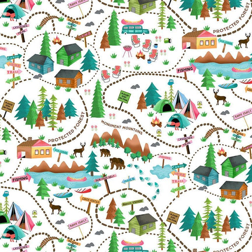 Under the Stars - Camping Scenic - per yard - Timeless Treasures - cabins foot paths - GAIL-CD2297-WHITE-Yardage - on the bolt-RebsFabStash