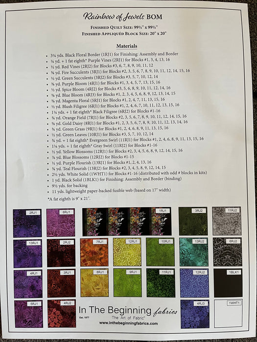 Rainbow of Jewels - BOM Quilt Pattern by Jason Yenter - Applique quilt pattern finishes 99.5" x 99.5"