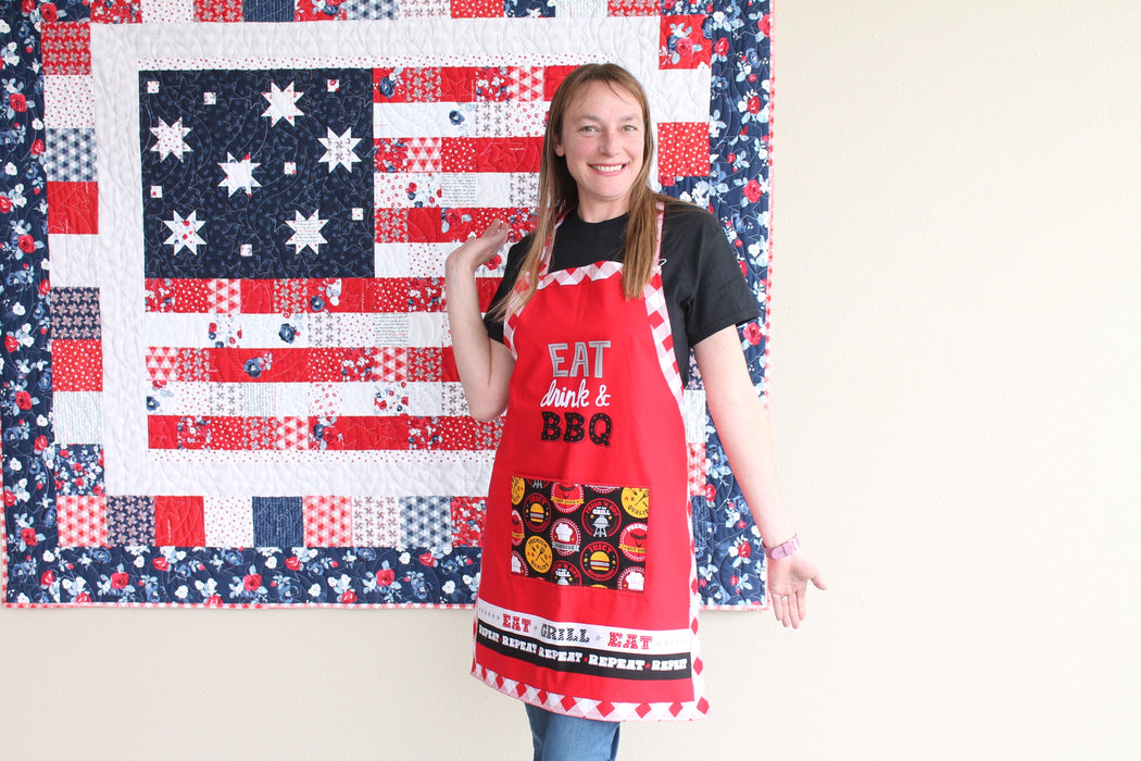 Peace Love & BBQ - Apron Panel KIT - by Emily Dumas - Henry Glass - Large 36" x 43" Apron Panel + 1 Yard Red Lining