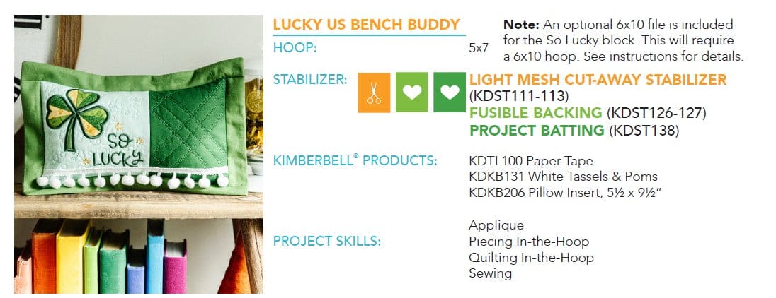February 2023 - Lucky Us Bench Buddy - Kimberbell Digital Dealer Exclusive - Project for Machine Embroidery