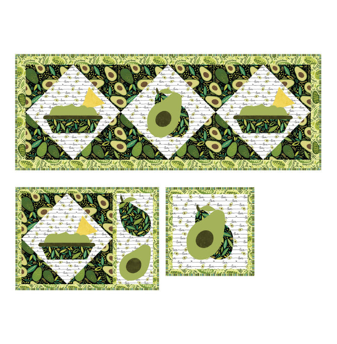 New! Avocado Love - Runner, Placemats and Potholders KIT - Uses Avocado Love by Northcott - Pattern by Cathey Marie Designs - runner finished size 13 1/4" X 36"