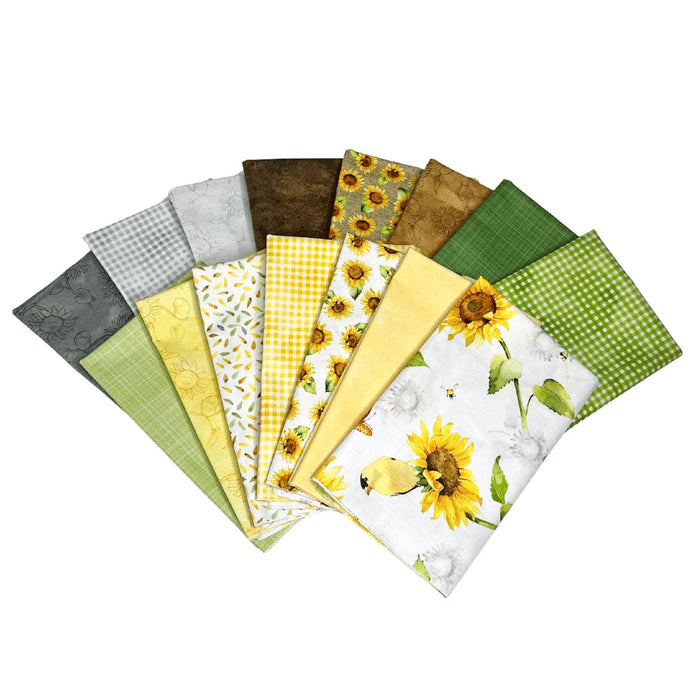 NEW! Sunflower Field - PROMO Fat Quarter Bundle - (15) 18" x 21" pieces - by Sandy Lynam Clough for P&B Textiles - Sunflowers, summer, floral