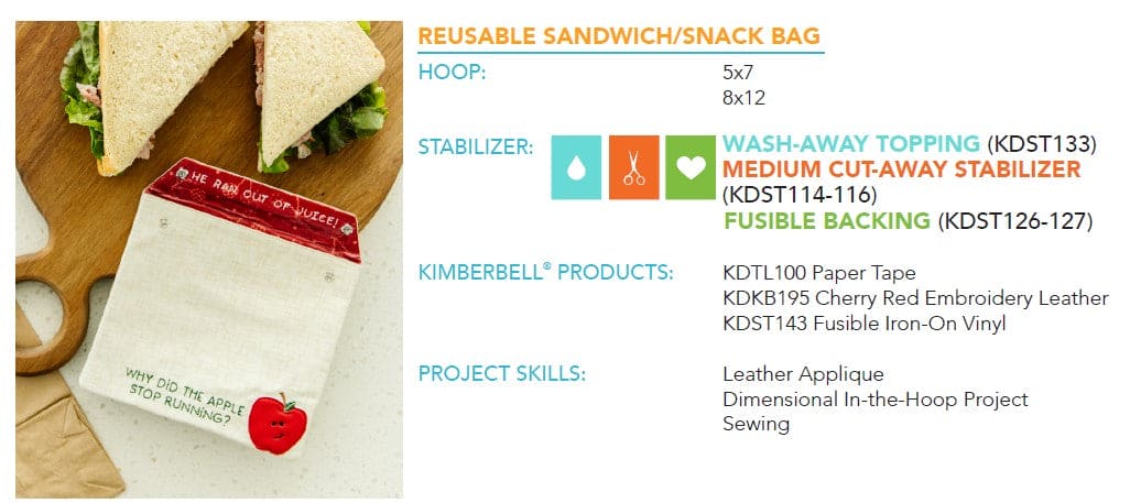 August 2023 - Reuseable Sandwich/Snack Bag - Kimberbell Digital Dealer Exclusive - Project for Machine Embroidery