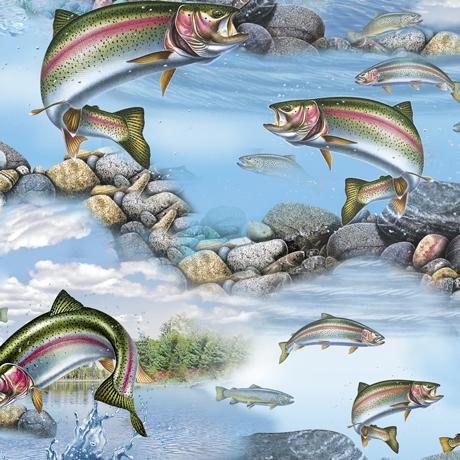 Artworks XV - Trout Scenic Blue - Digital Print - Exquisite! - Quilting Treasures - QT - jumping fish, rocks, water - BLUE - 27625-B - RebsFabStash