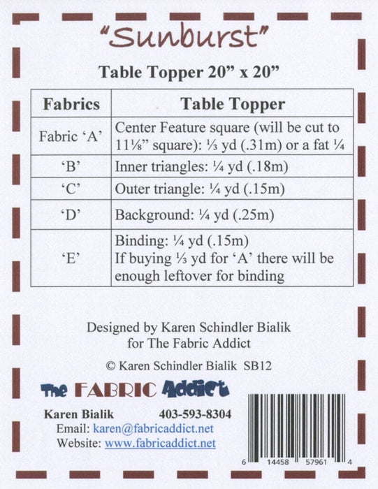 Sunburst - Table Topper Pattern - by Karen Schindler Bialik for The Fabric Addict - SB12