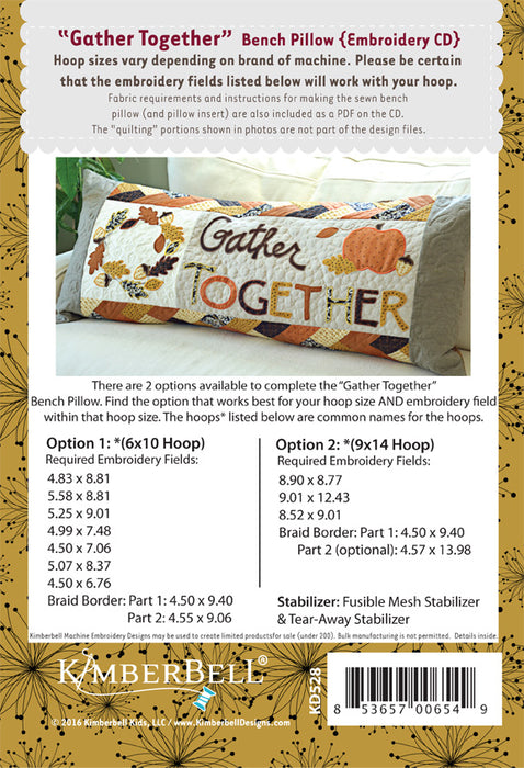 Gather Together Bench Pillow - Machine Embroidery CD - Pattern - by Kimberbell - Interchangeable Covers and Bench Pillow - Thanksgiving, home decor, applique