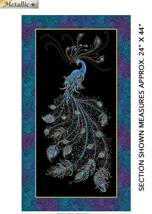 Peacock Flourish - Main PANEL Black/Multi - Per Panel - Ann Lauer - Grizzly Gulch - Benartex - 24" x 44" Panel - Metallic - 10224M-12-Panels-RebsFabStash