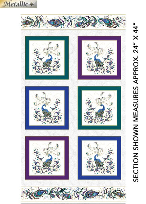 Peacock Flourish - Box PANEL White/Multi - Per Panel - Ann Lauer - Grizzly Gulch - Benartex - 24" x 44" Panel - Metallic - 10225M-09-Panels-RebsFabStash