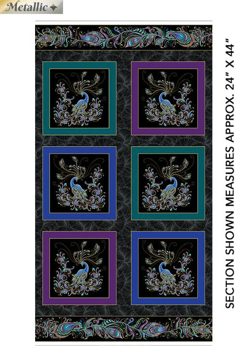 Peacock Flourish - Box PANEL Black/Multi - Per Panel - Ann Lauer - Grizzly Gulch - Benartex - 24" x 44" Panel - Metallic - 10225M-12-Panels-RebsFabStash