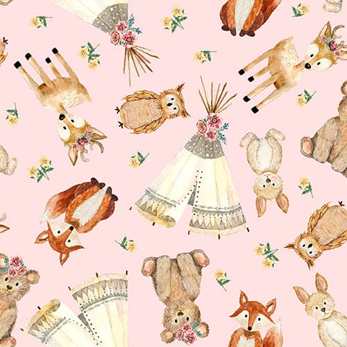 Forest Friends - Girl - Tossed Animals - Per Yard - by Audrey Jeanne Roberts for 3 Wishes - 18673-PNK-Yardage - on the bolt-RebsFabStash