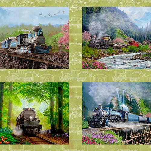 NEW! Steam in the Spring - 36" PANEL! - Four Block Train Panel - by Michael Shelton for 3 Wishes - 18719-PNL-Panel-RebsFabStash