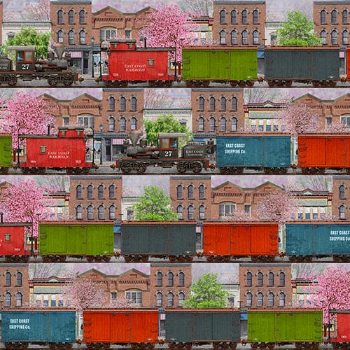 NEW! Steam in the Spring - Trains - Per Yard - by Michael Shelton for 3 Wishes - Digital Print, Trains - Multi - 18720-MLT-Yardage - on the bolt-RebsFabStash