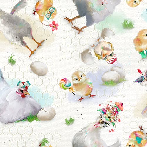 NEW! Welcome To The Funny Farm - Hens  - Per Yard - by Connie Haley - 3 Wishes - Digital Print! - White - 18733-WHT