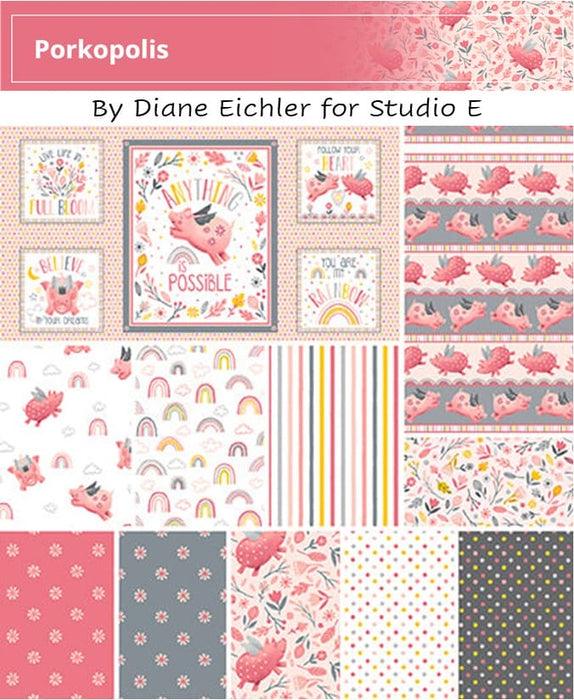 NEW! Porkopolis - Flying Pigs and Rainbows - Per Yard - by Diane Eichler for Studio e - Pigs - White/Pink - 6003-2