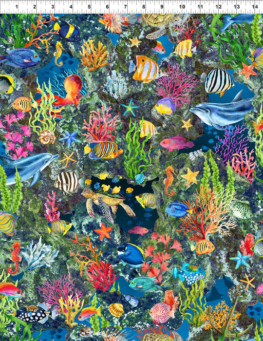 Calypso II - Blooms TEAL - Per Yard - Jason Yenter - In The Beginning - Geometric, Blender, Ocean, Fish - 24CAL2