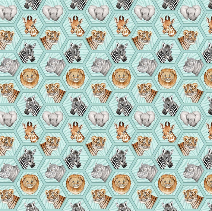 NEW! Baby Safari - Hexagon Portraits - Per Yard - by Deborah Edwards for Northcott - Baby Animals - Multi Turquoise -24674-63-Yardage - on the bolt-RebsFabStash