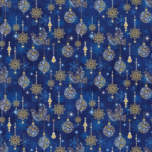 Stonehenge Christmas Joy - Ornaments - Per Yard - by Deborah Edwards for Northcott - Metallic, Blue - RebsFabStash