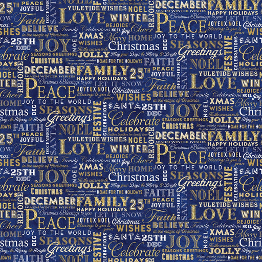 NEW! Stonehenge Christmas Joy - Christmas Words - Per Yard - by Deborah Edwards for Northcott - Metallic, Blue - 24775M-46-Yardage - on the bolt-RebsFabStash