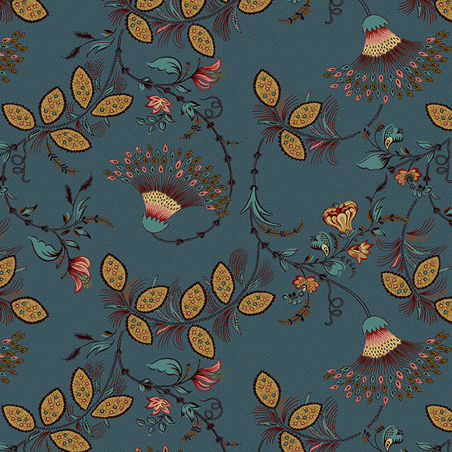 NEW! Lille - Fan Floral - Per Yard - by Michelle Yeo for Henry Glass - Teal - 2761-77-Yardage - on the bolt-RebsFabStash