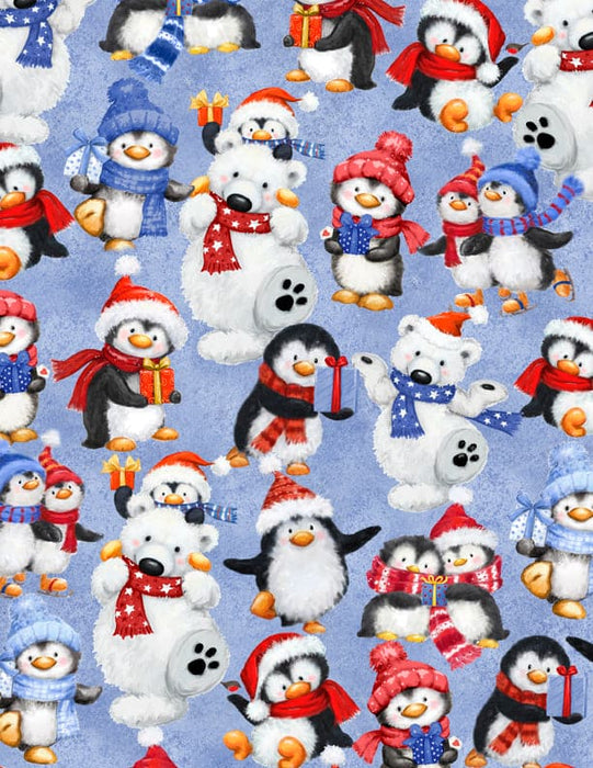 Snow What Fun! - Packed Animals Blue - Per Yard - by Makiko - Wilmington Prints - Penguin, Polar Bear, Winter - 3043-45154-493
