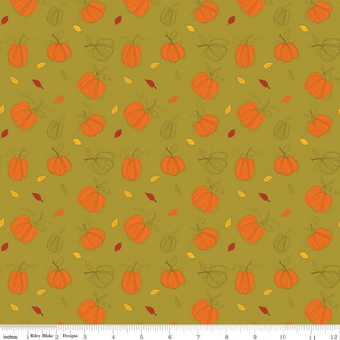 5 YARD CUT! Adel In Autumn - Pumpkins - by Sandy Gervais for Riley Blake Designs - Fall - C10821-OLIVE - RebsFabStash