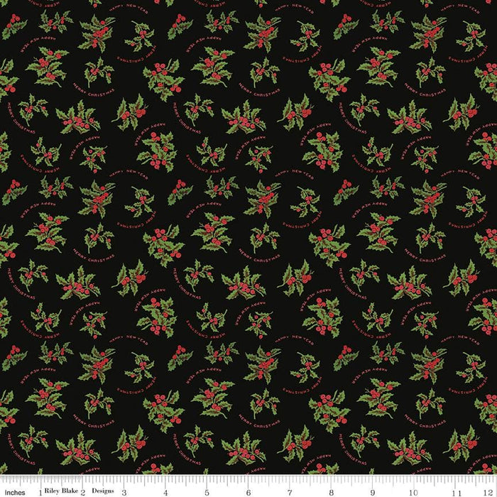 5 YARD CUT! - All About Christmas - Black Christmas Holly - Janet Wecker Frisch for Riley Blake Designs - Winter - C10800-BLACK - RebsFabStash