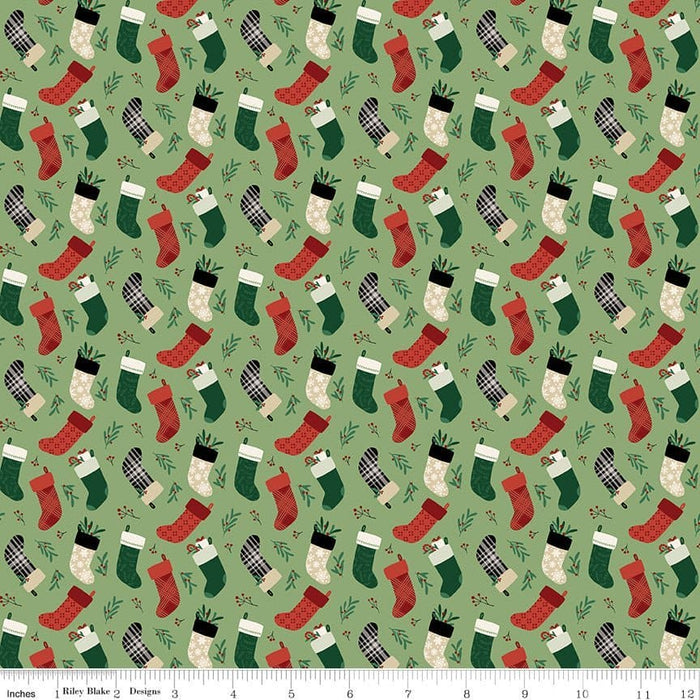 5 YARD CUT! Christmas Traditions - by Dani Mogstad for Riley Blake Designs - Stockings - C9594-GREEN - RebsFabStash