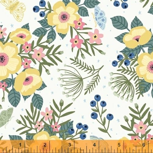 Meadow Whispers - per yard - Windham Fabrics - Bex Morley - Phrases, flowers, and moths on light blue - 51942-5