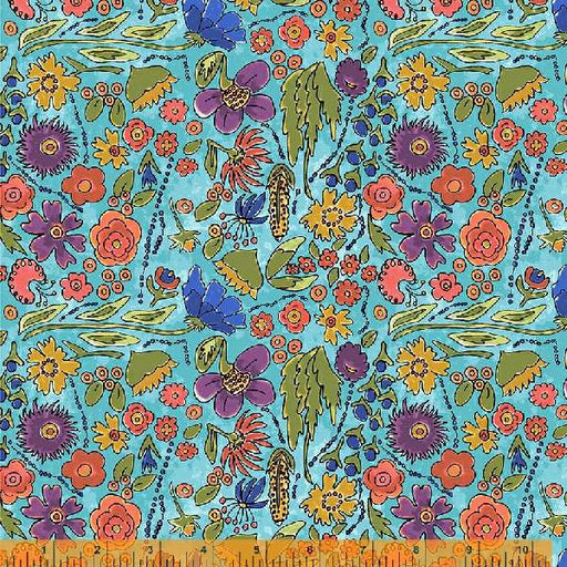 New! Yippie Yi Yo Ki Yay - per yard - by Laura Heine for Windham Fabrics - Prairie Flowers on Turquoise - 53236-4-Yardage - on the bolt-RebsFabStash