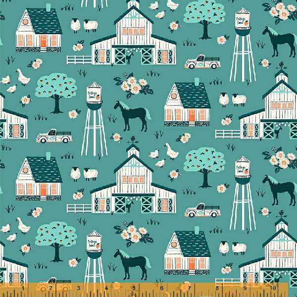 Cottage Farm - Farm Vignette Hosta - per yard - Windham Fabrics - Judy Jarvi - Farm Scenes on Teal - 53249-3-Yardage - on the bolt-RebsFabStash