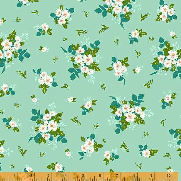 Cottage Farm - Wild Rose Pond -per yard - Windham Fabrics - Judy Jarvi - White floral on aqua - 53251-6-Yardage - on the bolt-RebsFabStash