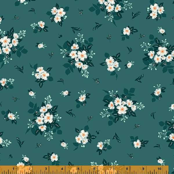 Cottage Farm - Wild Rose Teal -per yard - Windham Fabrics - Judy Jarvi - White floral on teal - 53251-7-Yardage - on the bolt-RebsFabStash