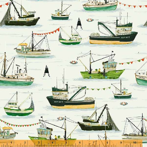 New! Land and Sea - Fishing Boats Cloud - per yard - by Katherine Quinn for Windham Fabrics - 53278D-3-Yardage - on the bolt-RebsFabStash