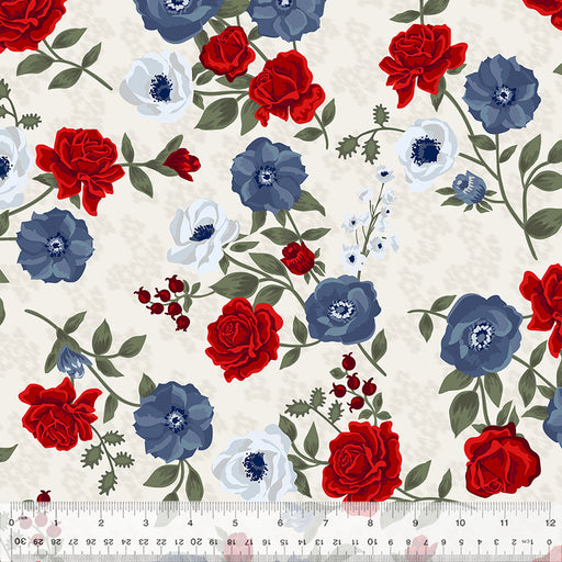 Sabrina - per yard - by Whistler Studios for Windham Fabrics - Patriotic Floral - Main floral on Ivory - Fresh Cut - 53477-1-Yardage - on the bolt-RebsFabStash
