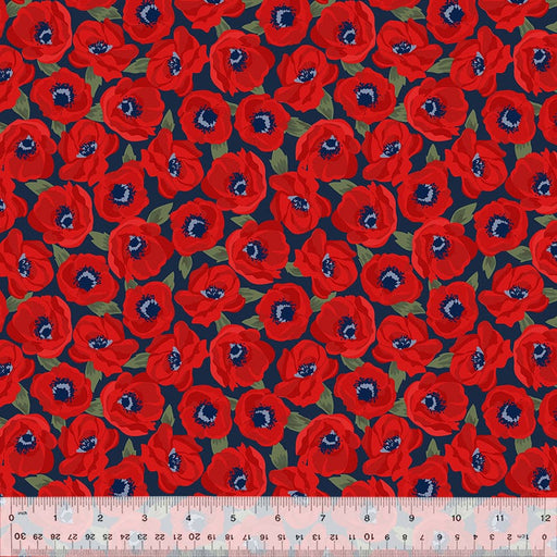 Sabrina - per yard - by Whistler Studios for Windham Fabrics - Patriotic Floral - Medium floral Red Anemones on Indigo 53478-2-Yardage - on the bolt-RebsFabStash