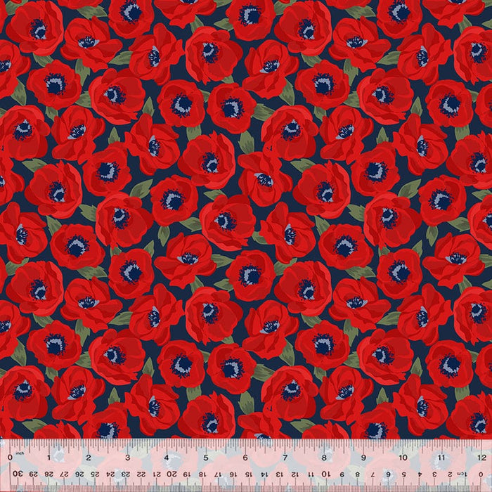 Sabrina - per yard - by Whistler Studios for Windham Fabrics - Patriotic Floral - Medium floral Red Anemones on Indigo 53478-2-Yardage - on the bolt-RebsFabStash